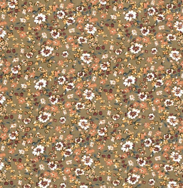 Viskózová látka v khaki farbe s drobnou potlačou kvetín 20164/054