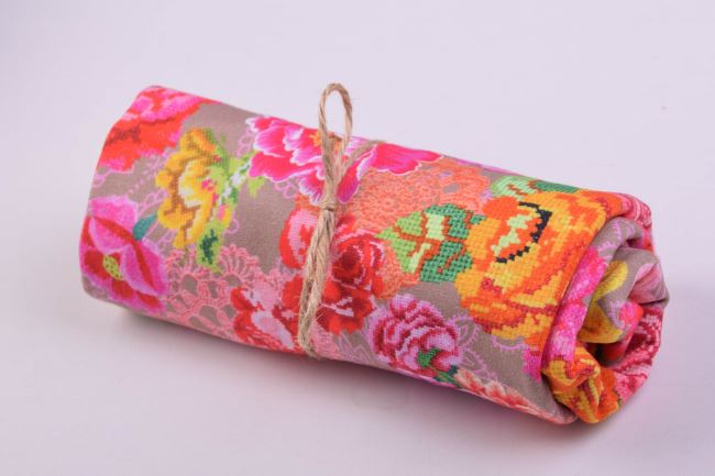 Rolička bavlneného úpletu v béžovej farbe s potlačou kvetín RO7810.002