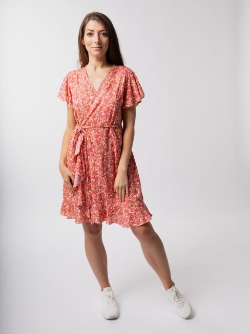Letné zavinovacie šaty v smotanovej farbe s potlačou kvetín SAT11