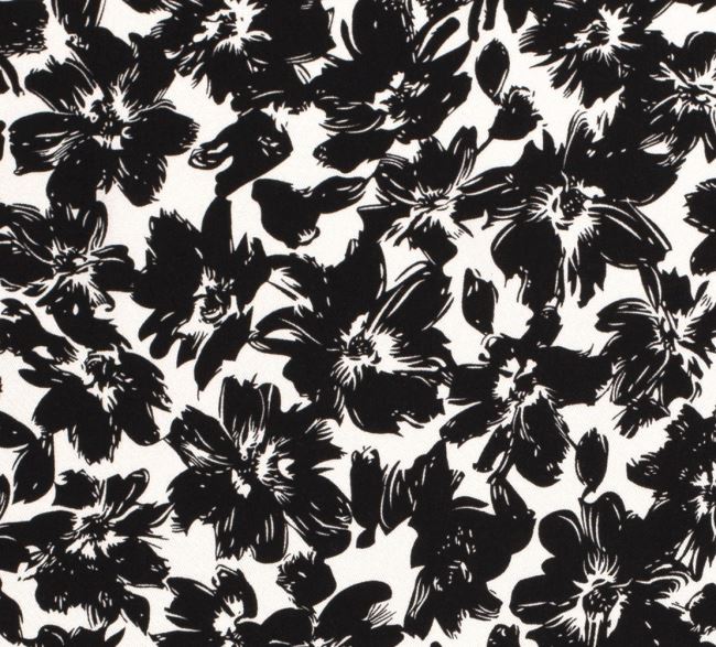 Viskózová látka v bielej farbe s potlačou čiernych kvetov 18055/051