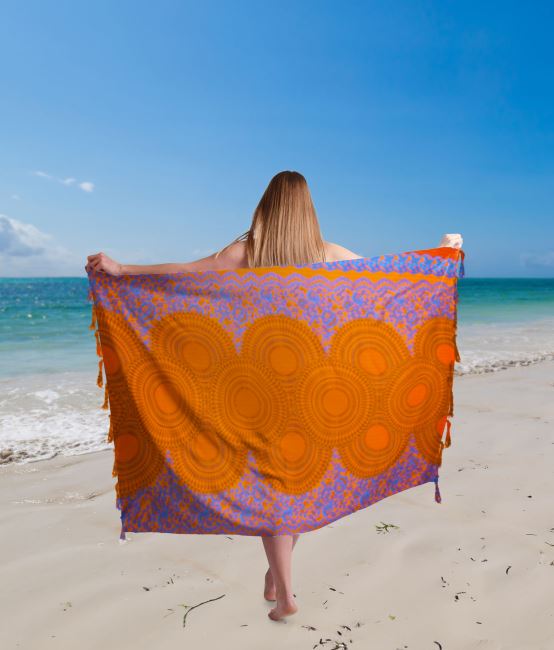 Pareo/sarong z Bali v oranžovej farbe s potlačou ornamentov BALI152