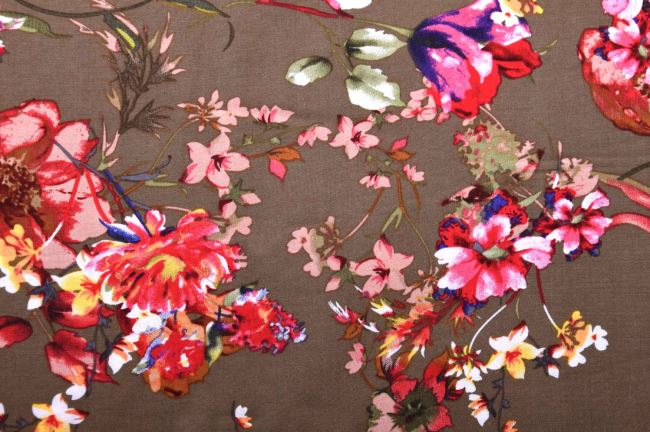 Viskózová látka v khaki farbe s potlačou kvetín 20160/027